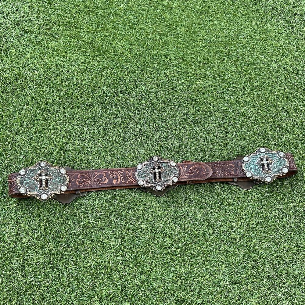 Tony Lama Brown Tooled Leather Swarovski Crystals Concho Cross Western Belt 42